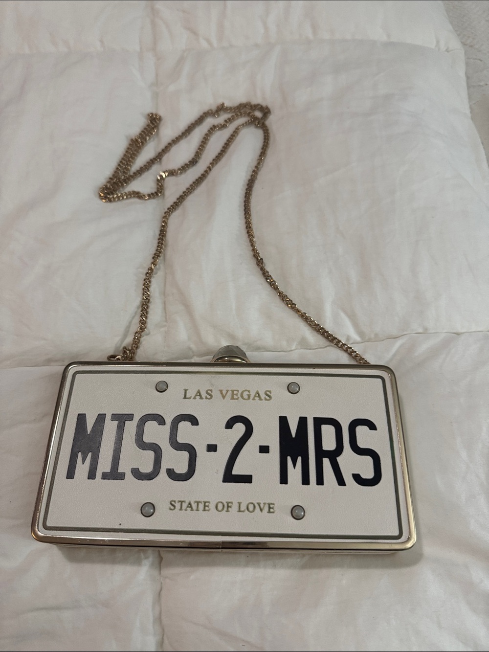 MISS-2-MRS White & Gold License Plate Wristlet Clutch